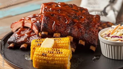 American barbecue ribs with smoky sauce, corn on the cob, and coleslaw