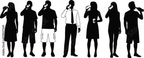 People drinking silhouettes, male and female figures, casual and formal clothing, holding drink containers, hydration, lifestyle diversity, beverage consumption, black vector illustration, group poses