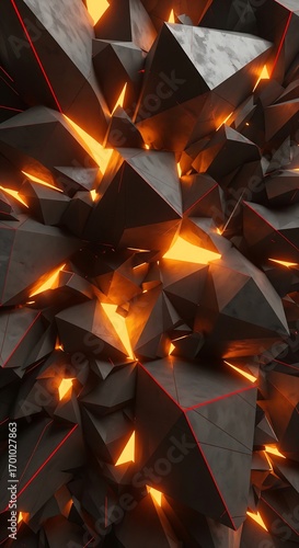 A digital rendering of a chaotic mass of dark, angular crystals, illuminated from within by vibrant orange glows. Red lines accentuate the crystal edges.