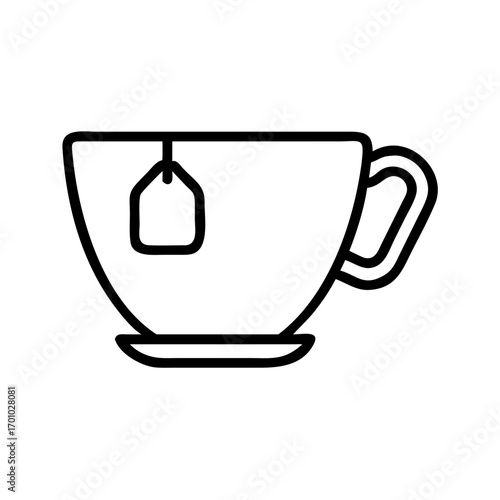Minimalist thin line vector icon of a teacup with a teabag tag hanging gracefully