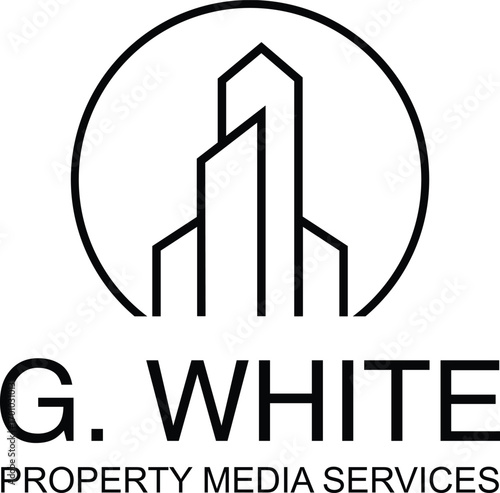 Modern, sleek logo for G. White Property Media Services, blending real estate imagery with media icons to reflect professionalism, clarity, and innovation.