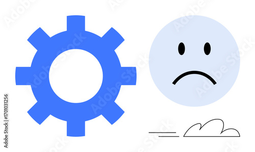 Blue gear and sad face next to a simple cloud, combining emotion and technology. Ideal for challenges, troubleshooting, inefficiency, dissatisfaction, error, frustration work-life balance. A simple