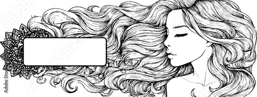 Vintage engraving style illustration of woman with flowing hair and floral design