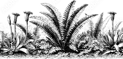 Vintage engraving style illustration of fern leaves with floral elements for botanical design
