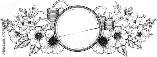 Vintage engraving style financial illustration with coins and floral elements for decorative design