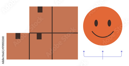 Stacked brown boxes symbolize organized delivery and logistics. Smiling face embodies happiness, positivity, and success. Ideal for e-commerce, shipping, customer service, teamwork, reliability