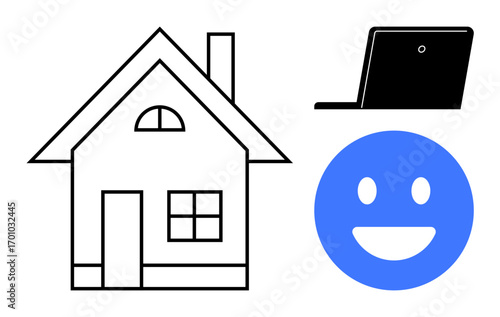Modern house outline, blue smiling face, and black laptop suggesting remote work, happiness, and technology. Ideal for home office, freelancing, real estate, communication design work-life balance