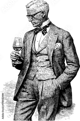 Vintage gentleman in suit with wine glass - retro engraving style design for card or poster