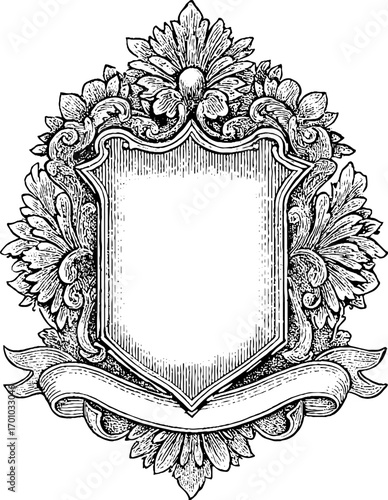 Vintage engraving style illustration of ornate shield with floral design for elegant label art