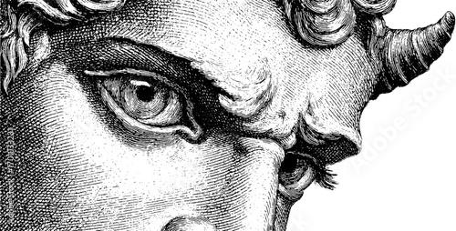 Gothic gargoyle close-up in vintage hand-drawn engraving style for retro designs