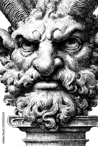Intricate gothic gargoyle face in vintage engraving style for retro design