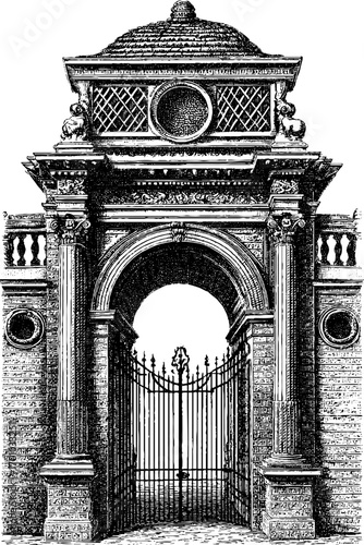 Vintage gothic architecture gate in hand drawn engraving style for retro design projects