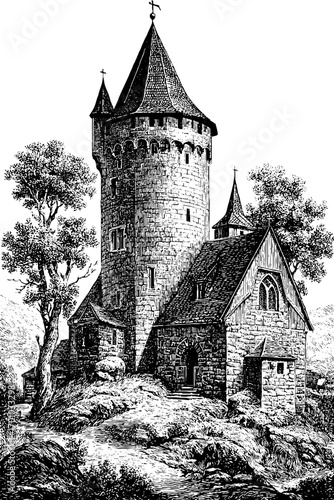 Vintage gothic castle tower in hand drawn engraving style for design projects
