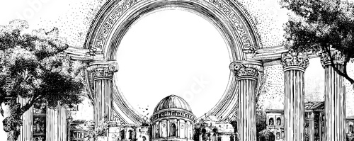 Vintage engraving style illustration of greek architectural scene with columns and arch