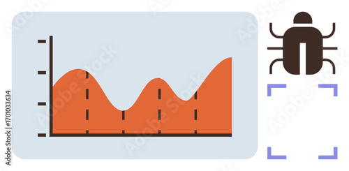 Line graph showing data trends alongside bug detection icon. Ideal for analytics, debugging, software, performance, monitoring, error analysis, and testing. Simple flat metaphor