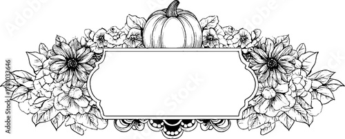 Vintage halloween pumpkin and floral frame design for seasonal greetings or invitations