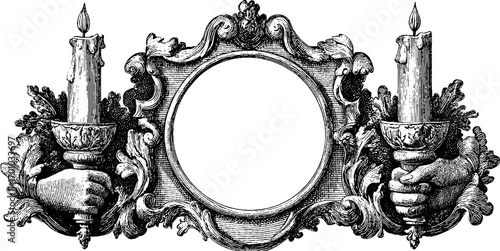 Vintage engraving of ornate frame with hands holding candles