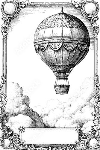 Vintage engraving style balloon in ornate frame for harvest theme