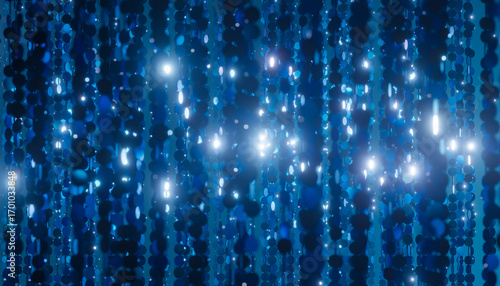 Blue Sequins Curtain Reflecting Light Creating Festive Atmosphere
