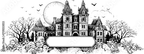 Vintage engraving of a haunted castle scene with moon and bats for halloween design