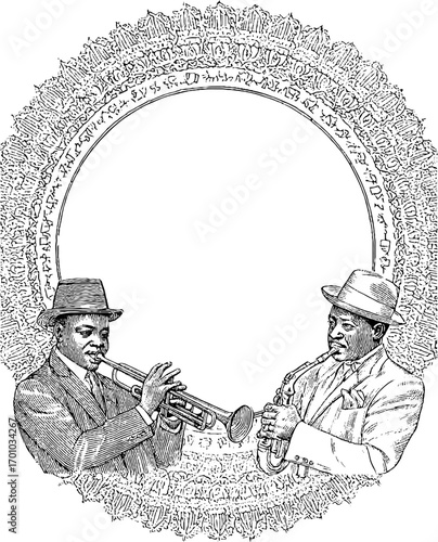 Vintage jazz musicians engraving style illustration with trumpet and saxophone