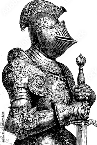 Vintage engraving of knight in armor holding sword - historical concept art for posters and design