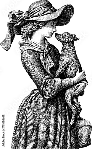 Vintage engraving illustration of lady holding dog - retro hand-drawn etching art for design