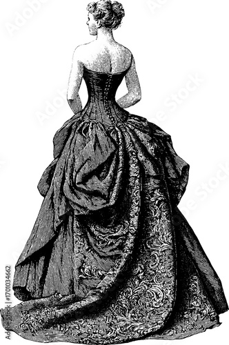 Elegant vintage lady in elaborate gown - classic fashion sketch for retro design