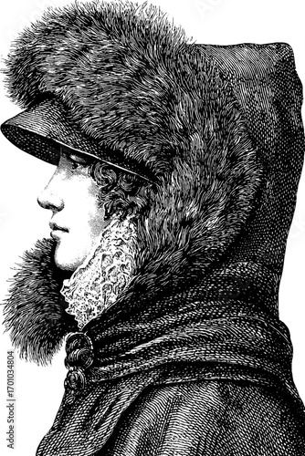 Vintage engraving style of winter fashion lady in fur hat and hood for retro design