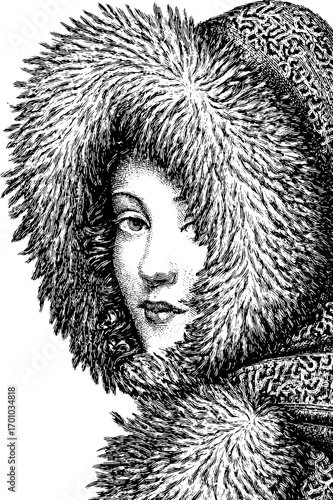 Elegant vintage engraving of a lady in fur hood