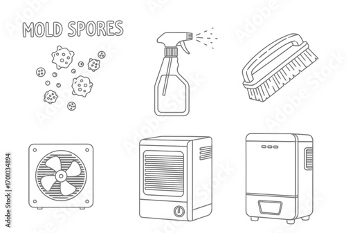 Mold cleaning prevention icons in minimalist line art style