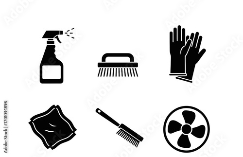 Mold cleaning tools icon set in minimalist style on transparent background