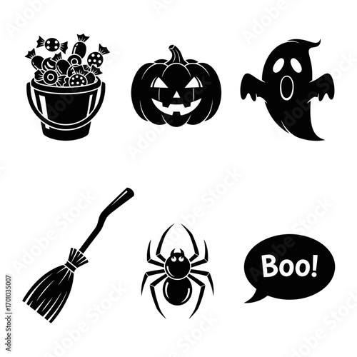 Halloween trick or treat icon set in black silhouette style