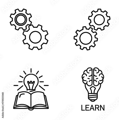 Icon set of machine learning symbols in line art style on transparent background
