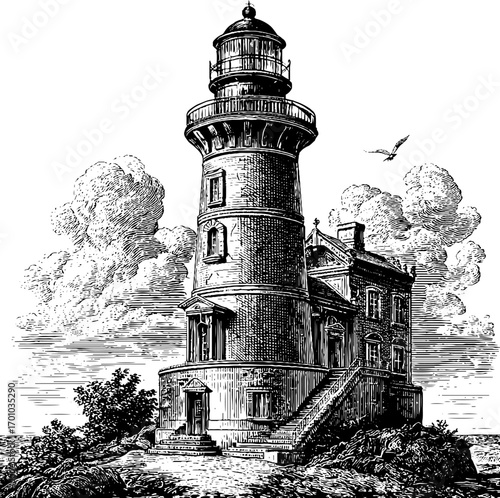 Vintage lighthouse sketch in engraving style for nautical designs