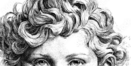 Vintage engraving style illustration of curly hair and eyes - retro design for posters