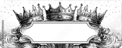 Vintage engraving style illustration of three luxurious crowns with blank label for elegant design