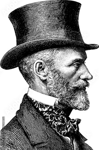 Vintage engraving style portrait of distinguished gentleman in top hat