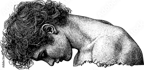 Vintage engraving style illustration of male silhouette with detailed hair and textured features