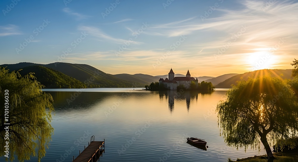 Fototapeta premium Transylvanian Serenity: A Lakeside Castle at Sunrise Reflecting History and Nature's Beauty