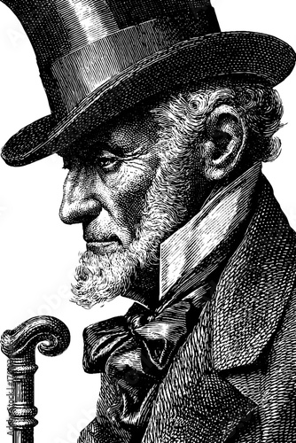Vintage engraving style portrait of distinguished man in top hat