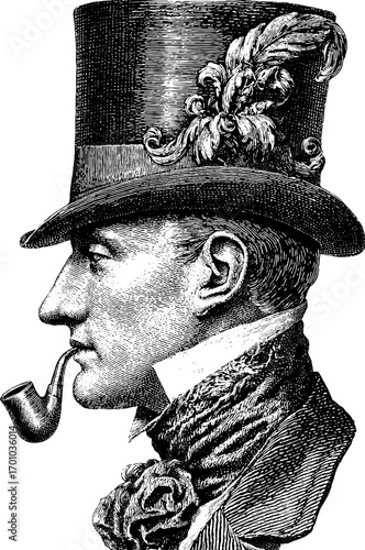 Elegant gentleman in top hat with pipe - vintage style sketch for classic design