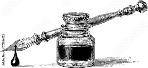 Vintage engraving of ink bottle and pen for artistic design