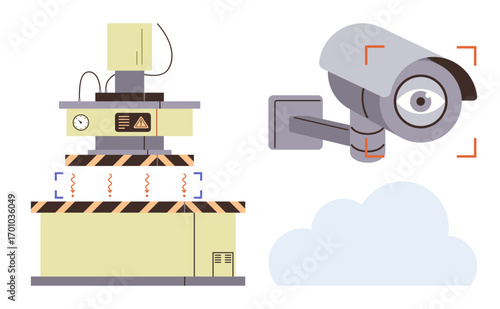 Security camera observing a surveillance area with an industrial system in focus. Ideal for technology, monitoring, security, data privacy, automation, industrial safety, and cloud management themes