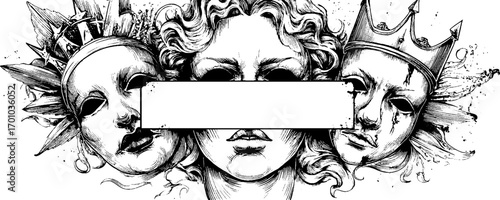 Vintage engraving style illustration of dramatic masks with crown and floral elements for artistic projects