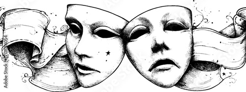 Vintage engraving style illustration of theatrical masks with scroll design