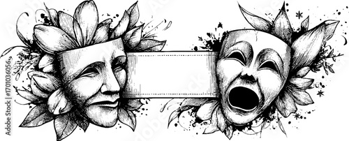 Vintage engraving style illustration of dramatic masks with floral motifs for theater and art decor