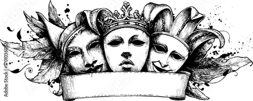 Vintage engraved illustration of festive masks with elaborate details