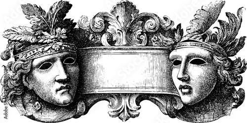 Vintage engraving style illustration of ornate decorative masks with blank scroll design