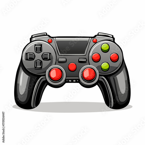 Vektor eines modernen Gamecontrollers, schwarz, mit Buttons und Joysticks.